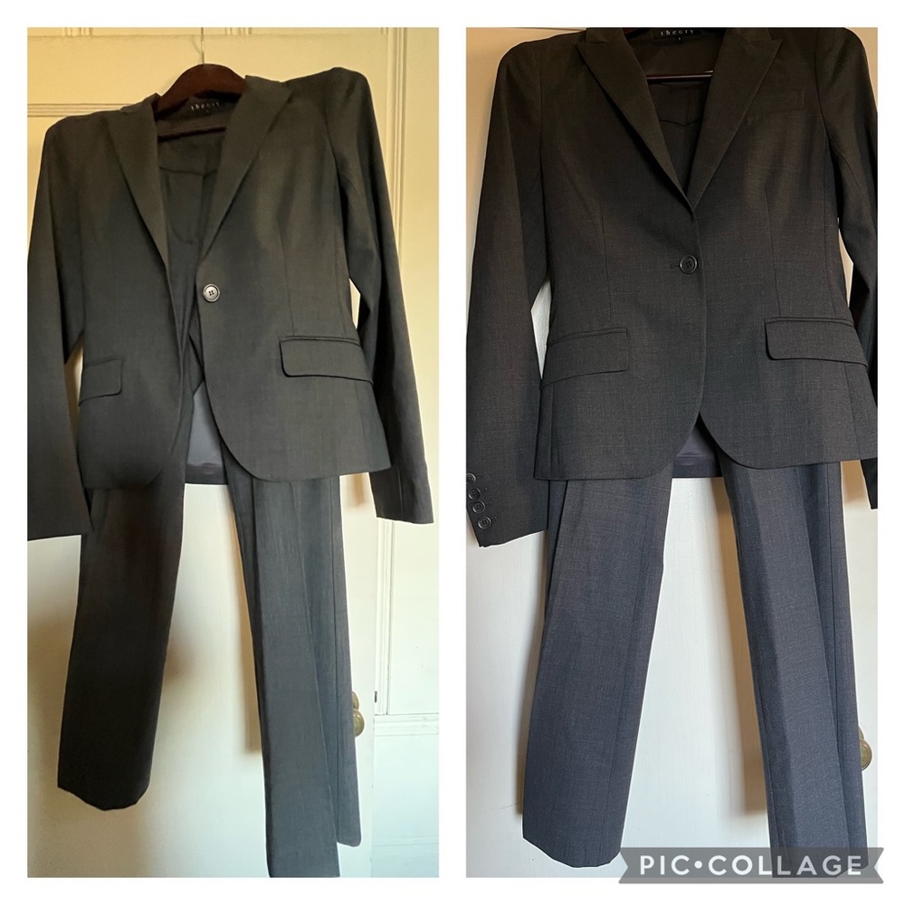 Theory Women’s 2-piece Suit, Charcoal Gray, size 6 Jacket, Size 6 Pants.